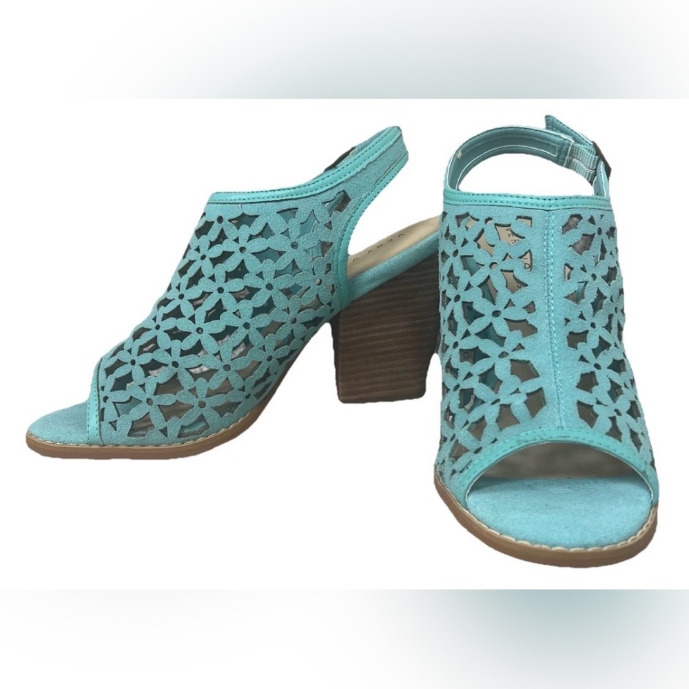 Very Volatile Daisy Girl Turquoise Cutout Block Heel Mules Size 7 Boho Chic